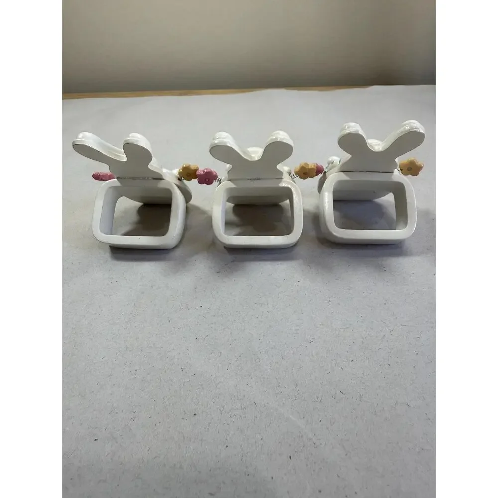 Vintage Ceramic Easter Bunny Napkin Rings Set, Blue Overalls Egg Holder